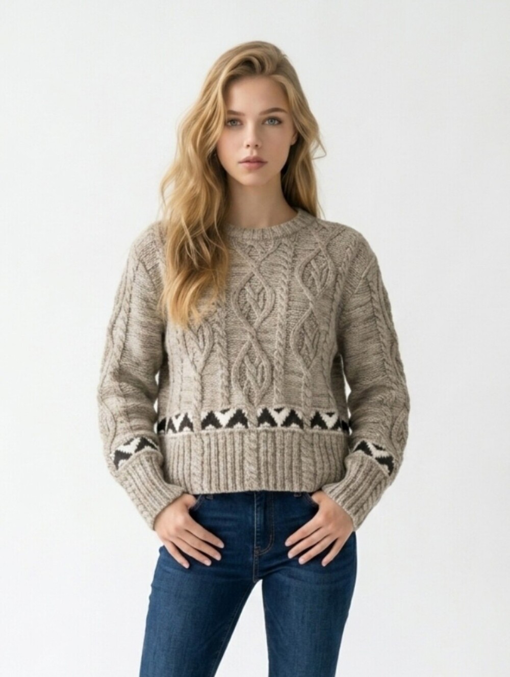 Polo Ralph Lauren Aztec Cable Knit Oatmel Sweater Silk Linen Blend